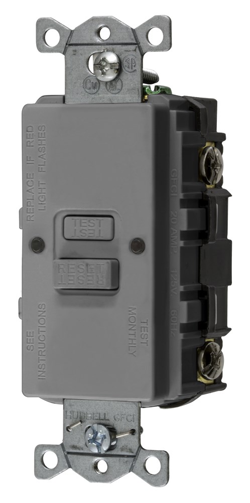 Hubbell Wiring Device Kellems, Power Protection Devices, Self TestFaceless GFCI, 20A 125V, 2-Pole 3-Wire Grounding, Gray