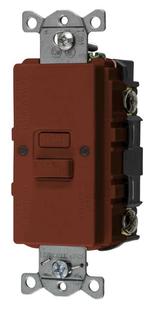 Hubbell Wiring Device Kellems, Power Protection Devices, Self TestFaceless GFCI, 20A 125V, 2-Pole 3-Wire Grounding, Red