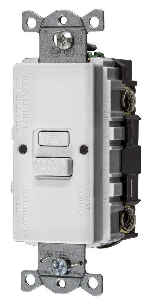 Hubbell Wiring Device Kellems, Power Protection Devices, Self TestFaceless GFCI, 20A 125V, 2-Pole 3-Wire Grounding, White