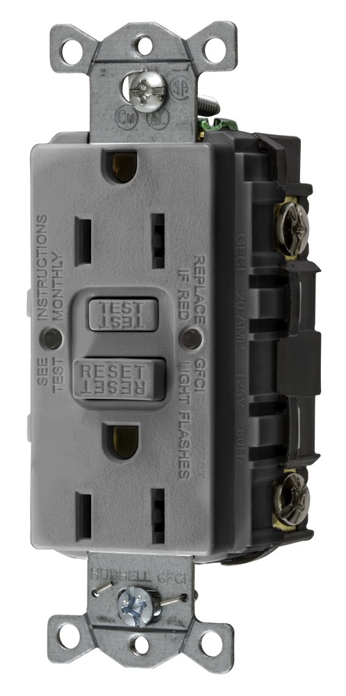 Hubbell Wiring Device Kellems, Straight Blade Devices, Receptacle, GFCI,Commercial Grade, Self Test, 15A 125V, 2-Pole 3-Wire Grounding, 5-15R,Gray, USA Product