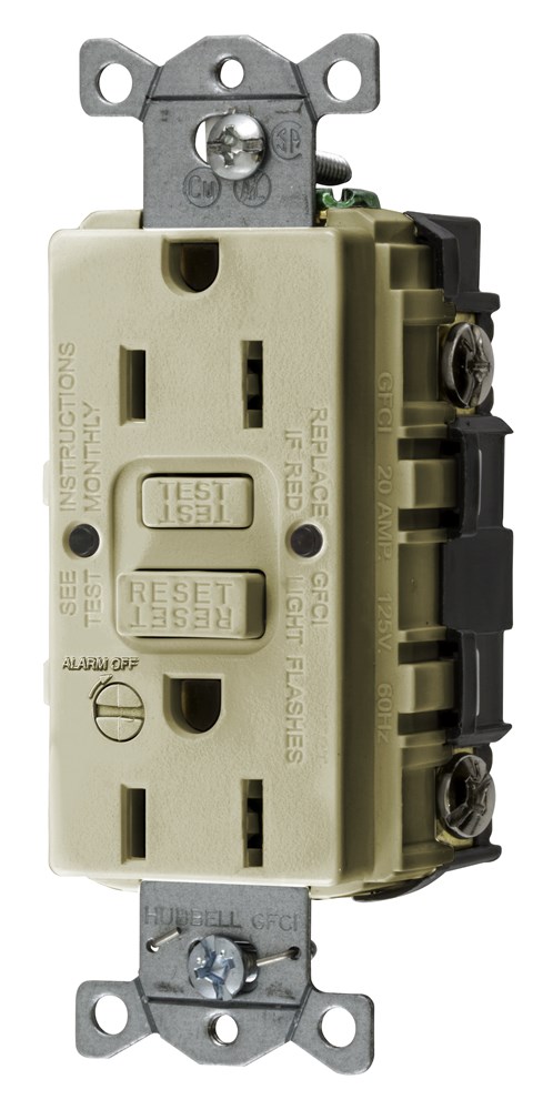 Hubbell Wiring Device Kellems, Power Protection Products, GFCIReceptacle, Self Test, Commercial Grade, 15A 125V, 2-Pole 3-WireGrounding, 5-15R, With Alarm, Ivory