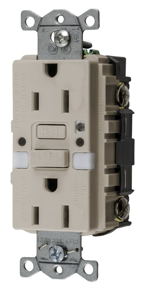 Hubbell Wiring Device Kellems, Power Protection Products, Receptacle,GFCI, Commercial Grade, Self Test, 15A 125V, 2-Pole 3-Wire Grounding, 5-15R, With Nightlight, Light Almond