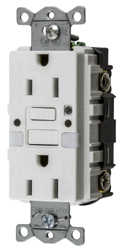 Hubbell Wiring Device Kellems, Power Protection Products, Receptacle,GFCI, Commercial Grade, Self Test, 15A 125V, 2-Pole 3-Wire Grounding, 5-15R, With Nightlight, White