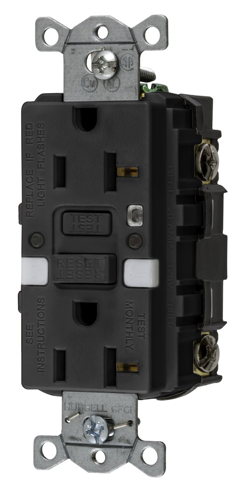 Hubbell Wiring Device Kellems, Power Protection Products, Receptacle,GFCI, Commercial Grade, Self Test, 20A 125V, 2-Pole 3-Wire Grounding, 5-20R, With Nightlight, Black