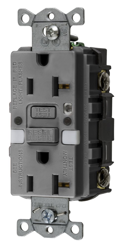 Hubbell Wiring Device Kellems, Power Protection Products, Receptacle,GFCI, Commercial Grade, Self Test, 20A 125V, 2-Pole 3-Wire Grounding, 5-20R, With Nightlight, Gray