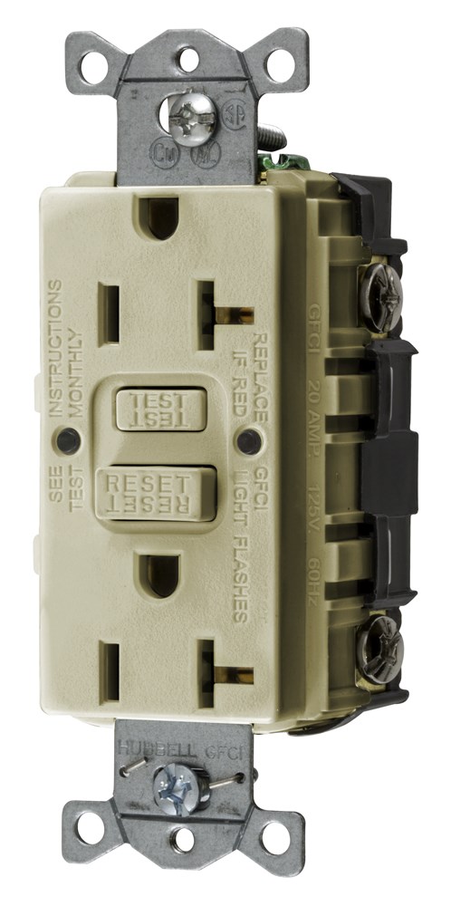 Hubbell Wiring Device Kellems, Power Protection Devices, Receptacle,Self Test, GFCI, 20A 125V, 2-Pole 3-Wire Grounding, 5-20R, Ivory