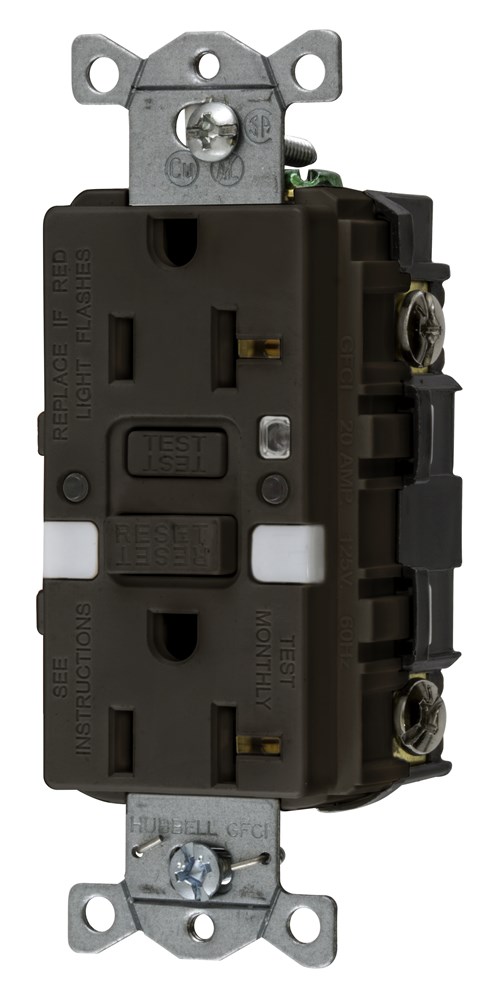 Hubbell Wiring Device Kellems, Power Protection Products, Receptacle,GFCI, Commercial Grade, Self Test, 20A 125V, 2-Pole 3-Wire Grounding, 5-20R, With Nightlight, Brown