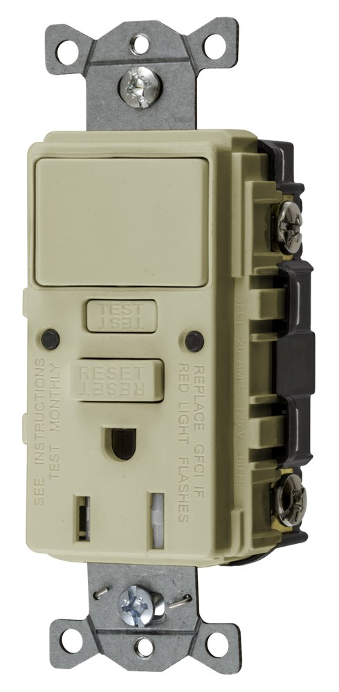 Hubbell Wiring Device Kellems, Power Protection Products, Receptacle,Self Test, GFCI and Single Pole Switch, Commercial Grade, 15A 125V, 2-Pole 3-Wire Grounding, 5-15R, Ivory