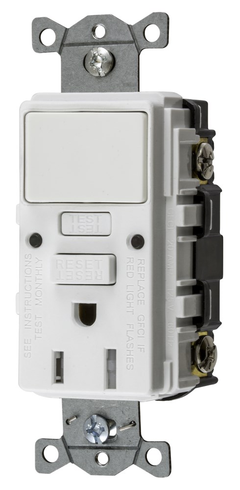 Hubbell Wiring Device Kellems, Power Protection Products, Receptacle,Self Test, GFCI and Single Pole Switch, Commercial Grade, 15A 125V, 2-Pole 3-Wire Grounding, 5-15R, White