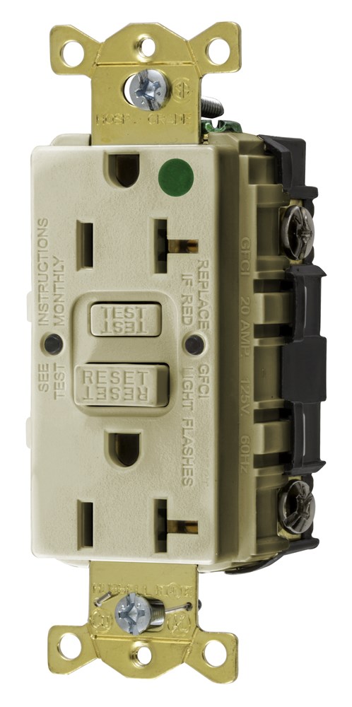 Power Protection Products, GFCI Receptacles, Self Test, Hospital Grade, 20A 125V, 2-Pole 3-Wire Grounding, 5-20R, Ivory