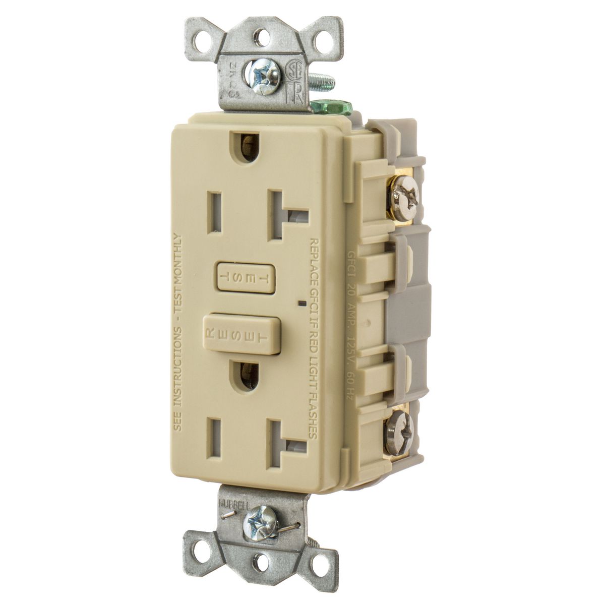 Hubbell Wiring Device Kellems, Power Protective Products, GFCIReceptacle, Hubbell Pro, 20A 125V AC, 2-Pole 3-Wire Grounding, 5-20R,Ivory