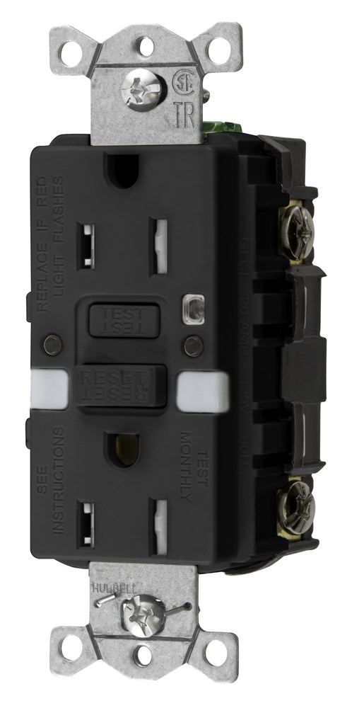 Hubbell Wiring Device Kellems, Power Protection Products, Receptacles,GFCI, Commercial Grade, Self Test, 15A 125V, 2-Pole 3-Wire Grounding, 5-15R, With Nightlight, Black