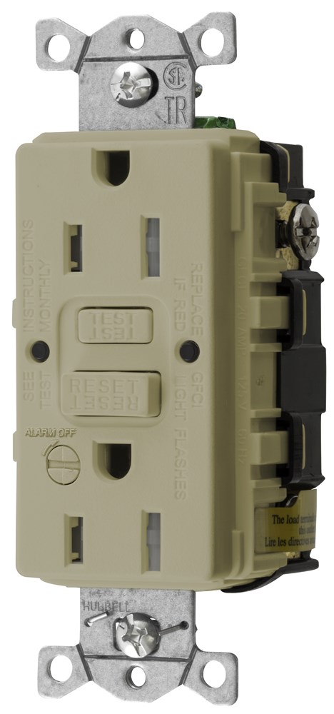 Hubbell Wiring Device Kellems, Power Protection Products, GFCIReceptacle, Self Test, Commercial Grade, Tamper Resistant, 15A 125V, 2-Pole 3-Wire Grounding, 5-15R, With Alarm, Ivory