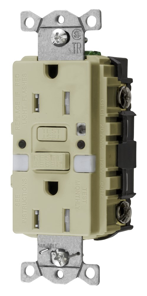 Hubbell Wiring Device Kellems, Power Protection Products, Receptacles,GFCI, Commercial Grade, Self Test, 15A 125V, 2-Pole 3-Wire Grounding, 5-15R, With Nightlight, Ivory