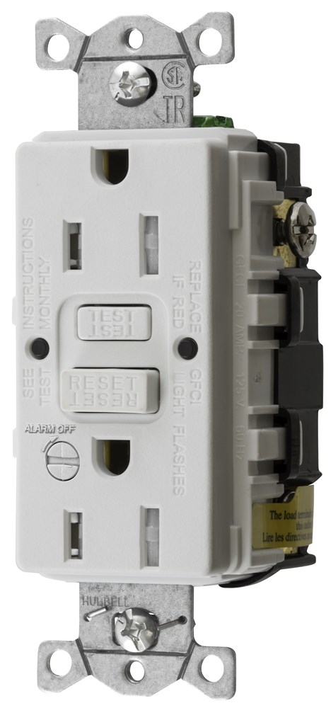 Hubbell Wiring Device Kellems, Power Protection Products, GFCIReceptacle, Self Test, Commercial Grade, Tamper Resistant, 15A 125V, 2-Pole 3-Wire Grounding, 5-15R, With Alarm, White