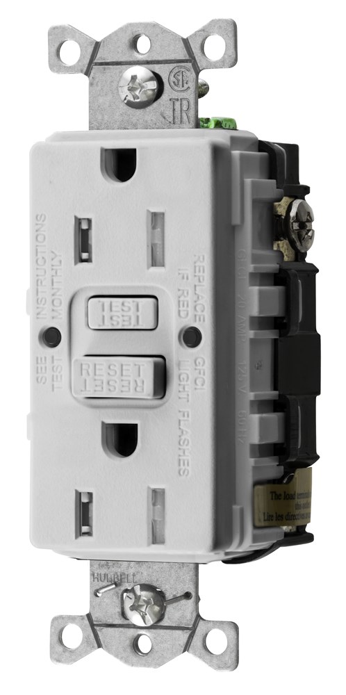 Hubbell Wiring Device Kellems, Straight Blade Devices, Receptacle, GFCI,Tamper Resistant, Commercial Grade, Self Test, 15A 125V, 2-Pole 3-WireGrounding, 5-15R, White, Bulk Packed