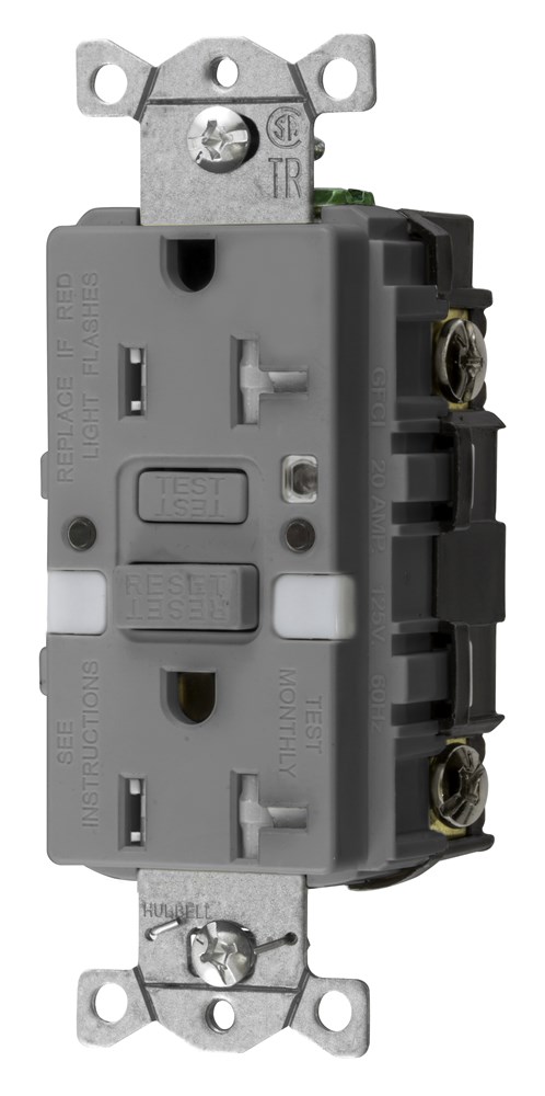 Hubbell Wiring Device Kellems, Power Protection Products, Receptacles,GFCI, Commercial Grade, Self Test, 20A 125V, 2-Pole 3-Wire Grounding, 5-20R, With Nightlight, Gray