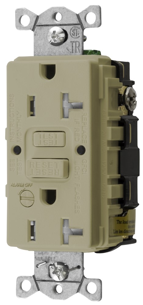 Hubbell Wiring Device Kellems, Power Protection Products, GFCIReceptacle, Self Test, Commercial Grade, Tamper Resistant, 20A 125V, 2-Pole 3-Wire Grounding, 5-20R, With Alarm, Ivory
