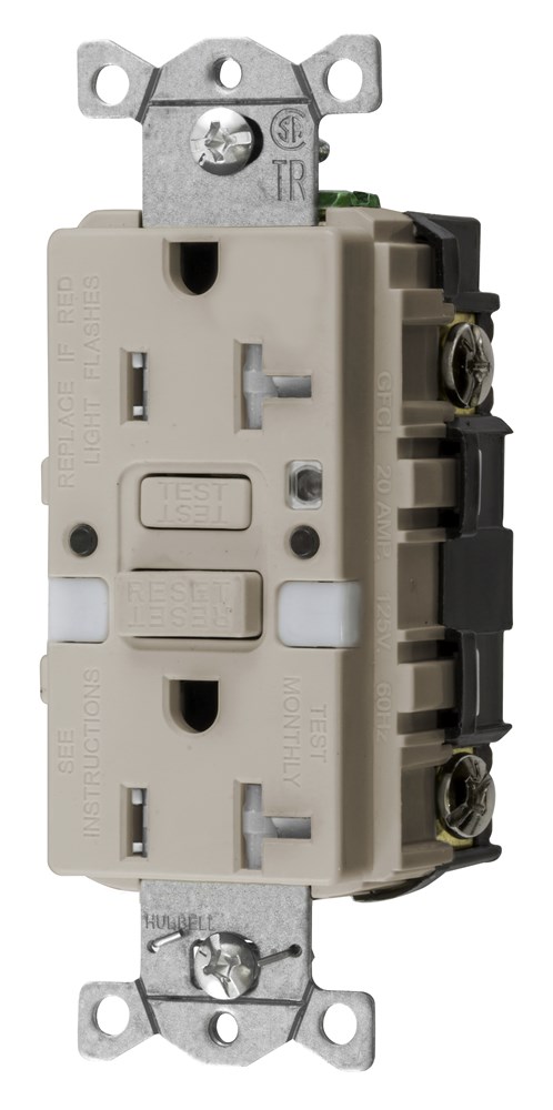 Hubbell Wiring Device Kellems, Power Protection Products, Receptacles,GFCI, Commercial Grade, Self Test, 20A 125V, 2-Pole 3-Wire Grounding, 5-20R, With Nightlight, Light Almond