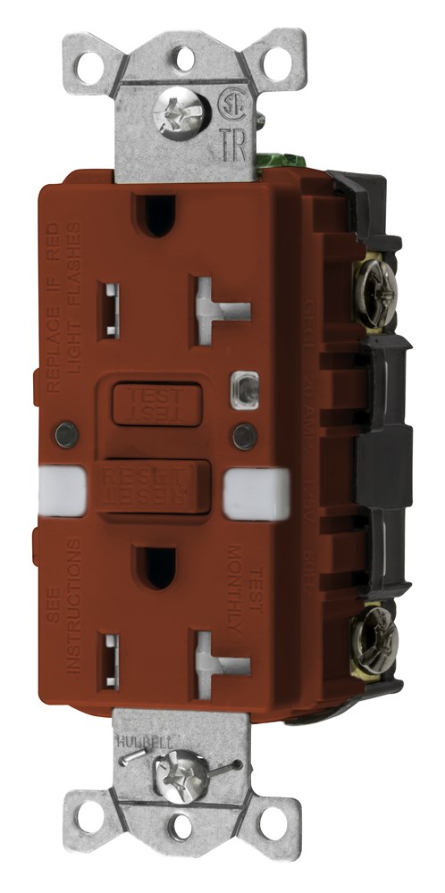 Hubbell Wiring Device Kellems, Power Protection Products, Receptacles,GFCI, Commercial Grade, Self Test, 20A 125V, 2-Pole 3-Wire Grounding, 5-20R, With Nightlight, Red