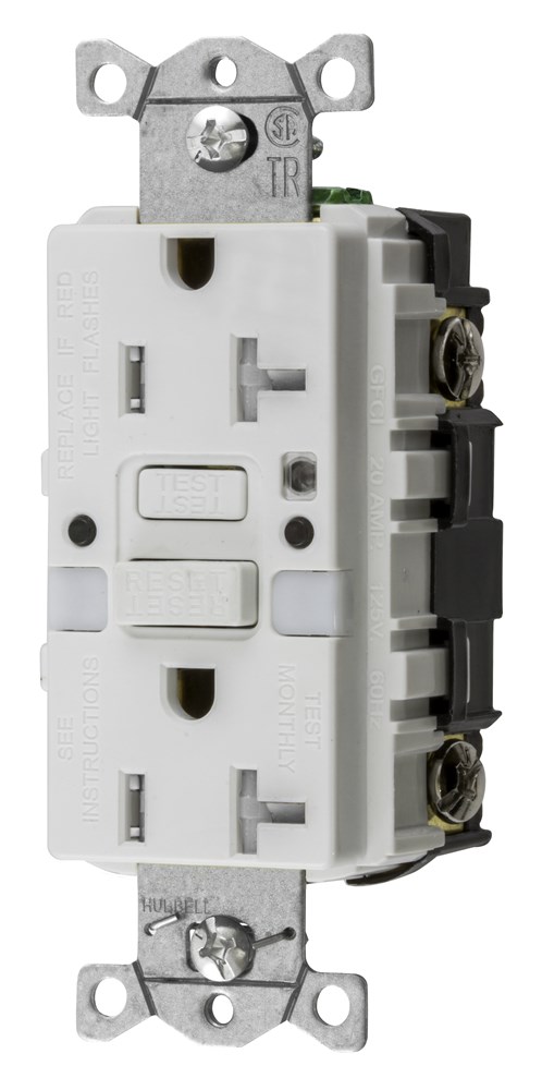 Hubbell Wiring Device Kellems, Power Protection Products, Receptacles,GFCI, Commercial Grade, Self Test, 20A 125V, 2-Pole 3-Wire Grounding, 5-20R, With Nightlight, White