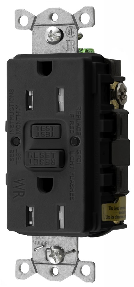 Hubbell Wiring Device Kellems, Straight Blade Devices, Receptacle, GFCI,Tamper and Weather Resistant, Commercial Grade, Self Test, 15A 125V, 2-Pole 3-Wire Grounding, 5-15R, Black