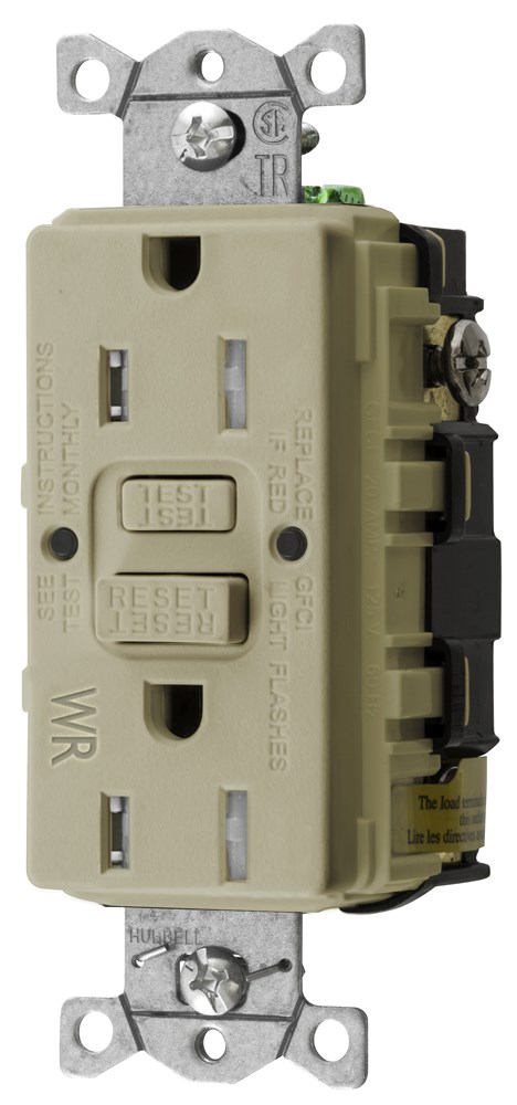 Hubbell Wiring Device Kellems, Straight Blade Devices, Receptacle, GFCI,Tamper and Weather Resistant, Commercial Grade, Self Test, 15A 125V, 2-Pole 3-Wire Grounding, 5-15R, Ivory