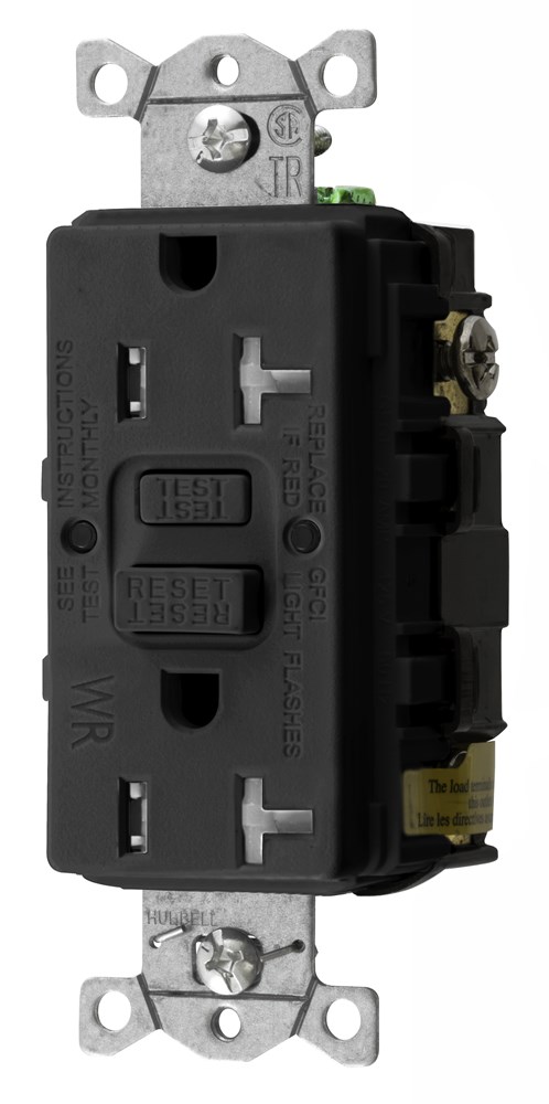 Hubbell Wiring Device Kellems, Straight Blade Devices, Receptacle, GFCI,Tamper and Weather Resistant, Commercial Grade, Self Test, 20A 125V, 2-Pole 3-Wire Grounding, 5-20R, Black