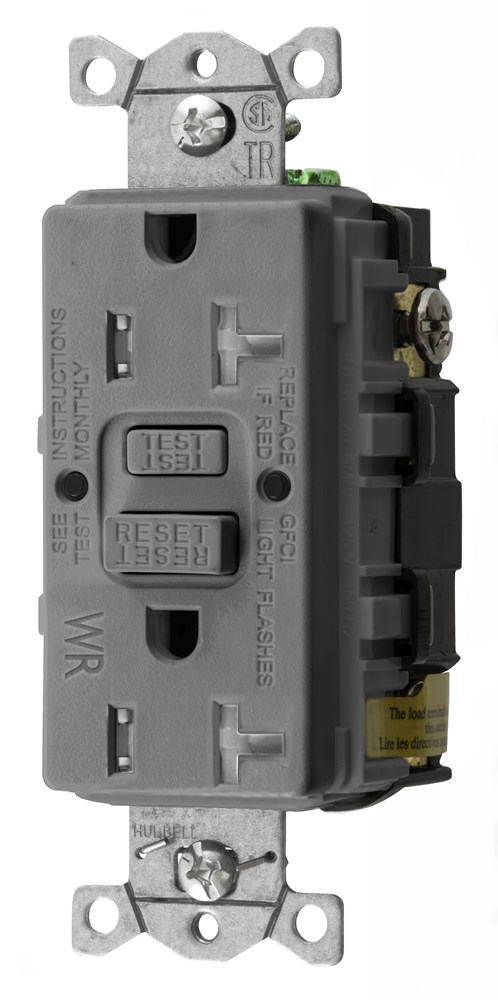 Hubbell Wiring Device Kellems, Straight Blade Devices, Receptacle, GFCI,Tamper and Weather Resistant, Commercial Grade, Self Test, 20A 125V, 2-Pole 3-Wire Grounding, 5-20R, Gray