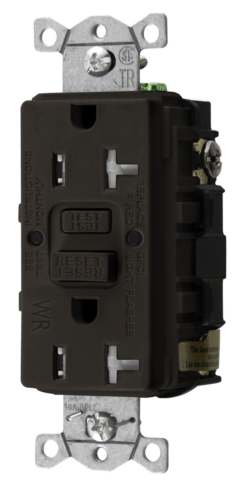 Hubbell Wiring Device Kellems, Straight Blade Devices, Receptacle, GFCI,Tamper and Weather Resistant, Commercial Grade, Self Test, 20A 125V, 2-Pole 3-Wire Grounding, 5-20R, Brown