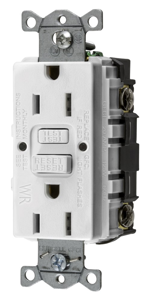 Hubbell Wiring Device Kellems, Power Protection Devices, Receptacle,Self Test, GFCI, WR, Commercial Grade, 15A 125V, 2-Pole 3-WireGrounding, 5-15R, White