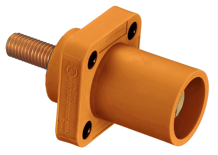 Hubbell Wiring Device Kellems, Heavy Duty Products, Single Pole Devices,Industrial Grade, Male Receptacle, 300/400A 250V DC/600V AC, SingleConductor, Threaded Mounting Holes, Stud Termination, Orange