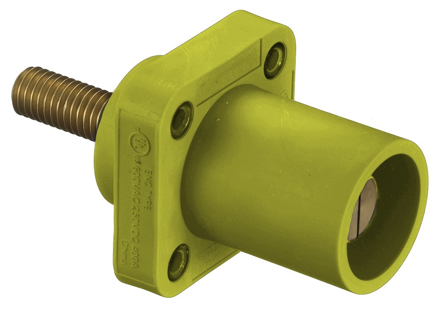 Hubbell Wiring Device Kellems, Heavy Duty Products, Single Pole Devices,Industrial Grade, Male Receptacle, 300/400A 250V DC/600V AC, SingleConductor, Threaded Mounting Holes, Stud Termination, Yellow
