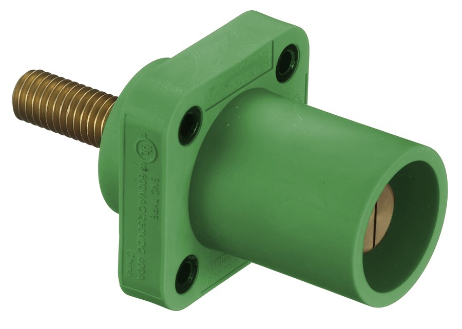 Hubbell Wiring Device Kellems, Heavy Duty Products, Single Pole Devices,Industrial Grade, Male Receptacle, 300/400A 250V DC/600V AC, SingleConductor, Threaded Stud, Green