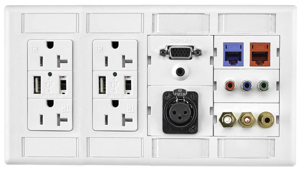 Hubbell Premise Wiring, Plate, 2) Decorator, 2) iStation Frame, 4-Gang,3-Unit, Office White