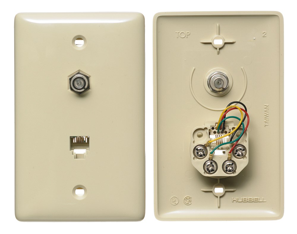 Hubbell Premise Wiring Products, Plates, 1-Gang, With F Connector, Jack,6-Position 4-Conductor, Screw Terminal, Electric Ivory