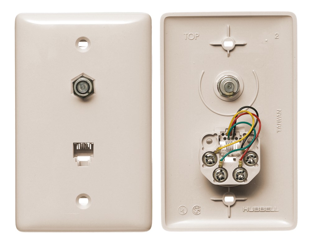 Hubbell Premise Wiring Products, Plates, 1-Gang, With F Connector, Jack,6-Position 4-Conductor, Screw Terminal, Light Almond