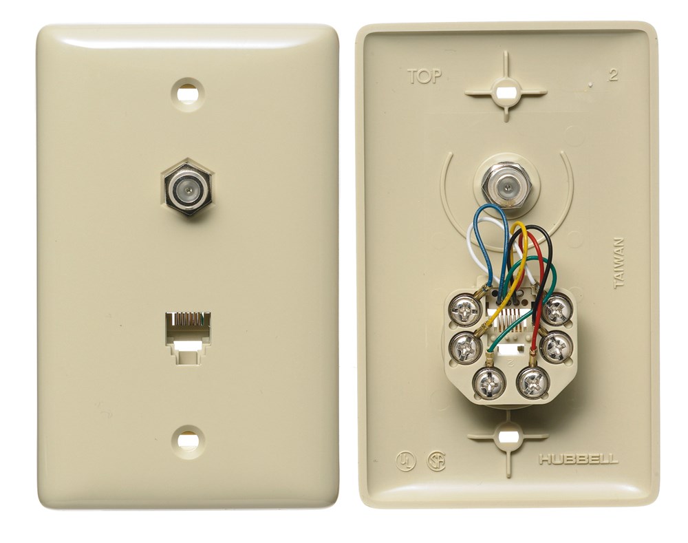 Hubbell Premise Wiring Products, Plates, 1-Gang, With F Connector, Jack,6-Position 6-Conductor, Screw Terminal, Electric Ivory