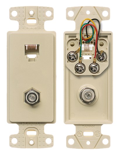 Hubbell Premise Wiring Products, Plates, 1-Gang Frame, With F Connector,6-Position 6-Conductor, Screw Terminal, Electric Ivory