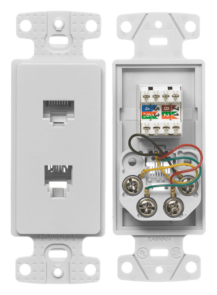 Hubbell Premise Wiring Products, Plates, 1-Gang Frame, With Cat5e Jack,6-Position 4-Conductor, Screw Terminal, White