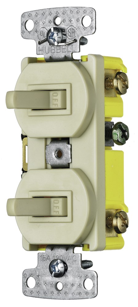 Hubbell Wiring Device Kellems, Switches and Lighting Controls,Combination Devices, Residential Grade, 2) Single Pole Toggles, 15A 120VAC, Self Grounding, Side Wired, Ivory