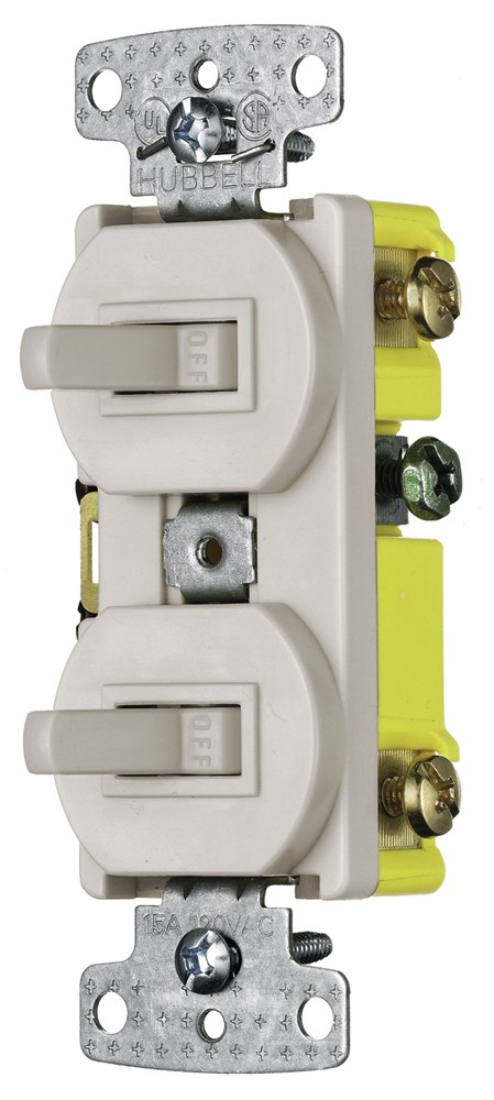 Hubbell Wiring Device Kellems, Switches and Lighting Controls,Combination Devices, Residential Grade, 2) Single Pole Toggles, 15A 120VAC, Self Grounding, Side Wired, Light Almond