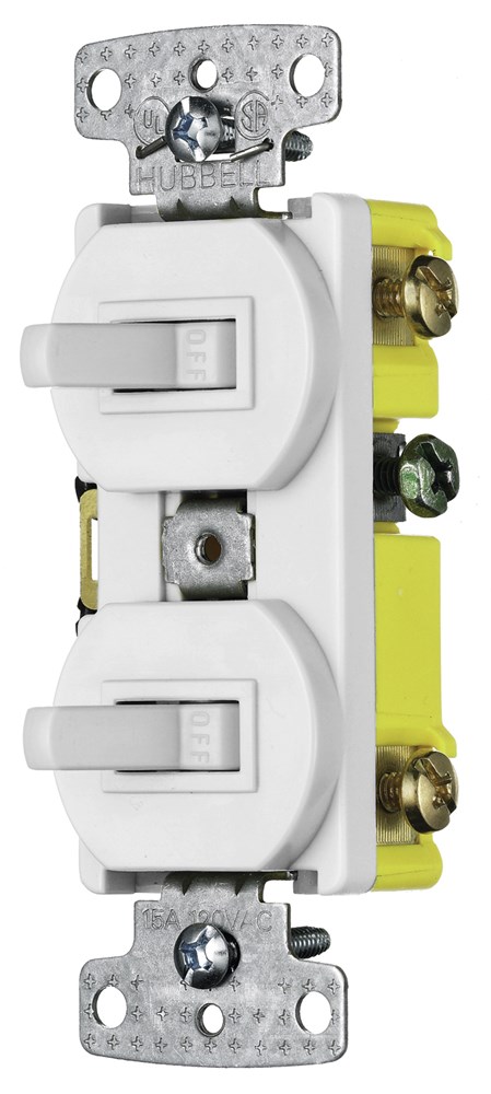 Hubbell Wiring Device Kellems, Switches and Lighting Controls,Combination Devices, Residential Grade, 2) Single Pole Toggles, 15A 120VAC, Self Grounding, Side Wired, White