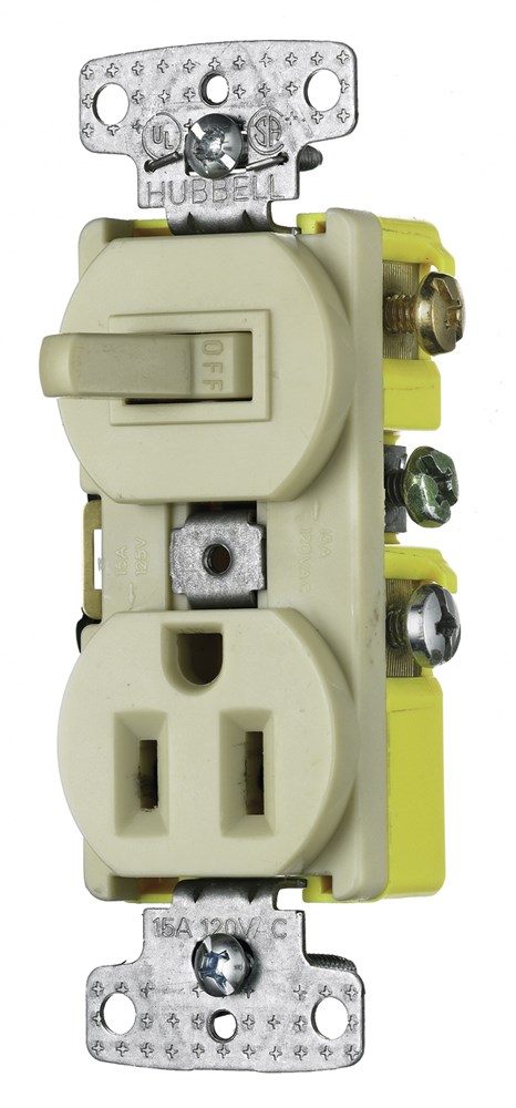 Hubbell Wiring Device Kellems, Switches and Lighting Controls,Combination Devices, Residential Grade, 1) Single Pole Toggle, 1) SingleReceptacle, 15A 120V AC, Self Grounding, Side Wired, Ivory