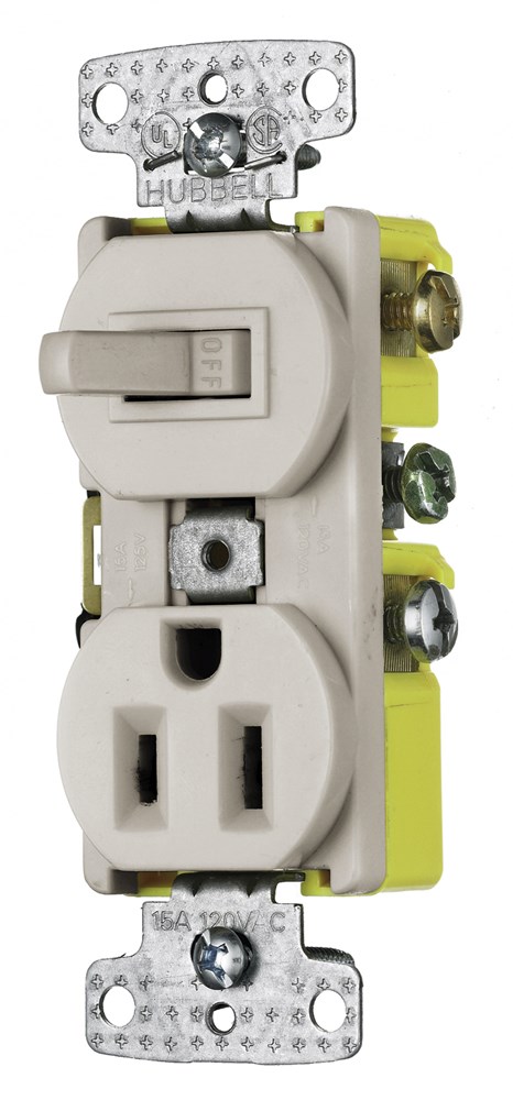 Hubbell Wiring Device Kellems, Switches and Lighting Controls,Combination Devices, Residential Grade, 1) Single Pole Toggle, 1) SingleReceptacle, 15A 120V AC, Self Grounding, Side Wired, Light Almond