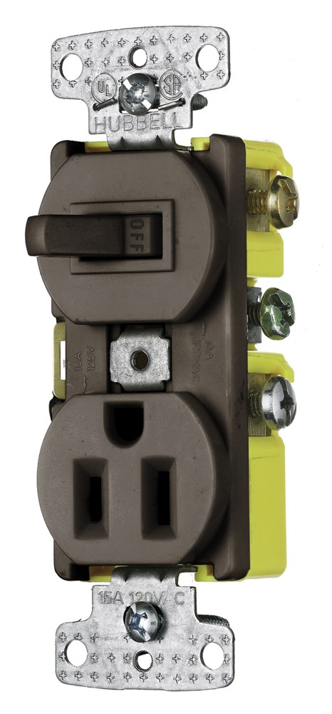 Hubbell Wiring Device Kellems, Switches and Lighting Controls,Combination Devices, Residential Grade, 1) Single Pole Toggle, 1) SingleTamper Resistant Receptacle, 15A 120VAC, SelfGrounding, Side Wired,Light Almond