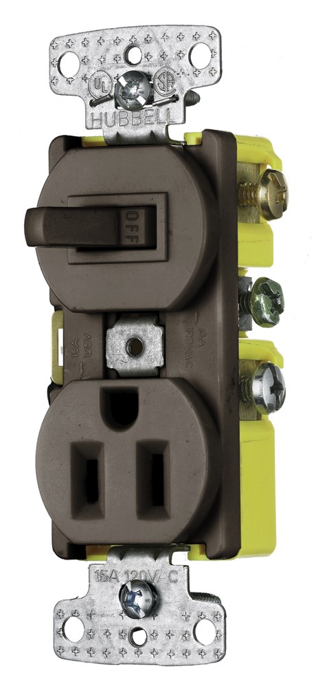 Hubbell Wiring Device Kellems, Switches and Lighting Controls,Combination Devices, Residential Grade, 1) Single Pole Toggle, 1) SingleTamper Resistant Receptacle, 15A 120VAC, SelfGrounding, Side Wired,Brown