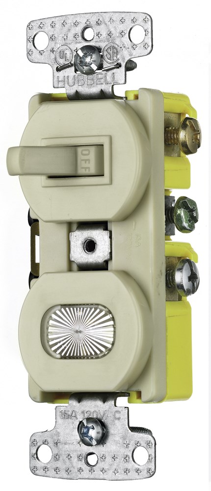 Hubbell Wiring Device Kellems, Switches and Lighting Controls,Combination Devices, Residential Grade, 1) Single Pole Toggle, 1) PilotLight, 15A 120V AC, Self Grounding, Side Wired, Ivory