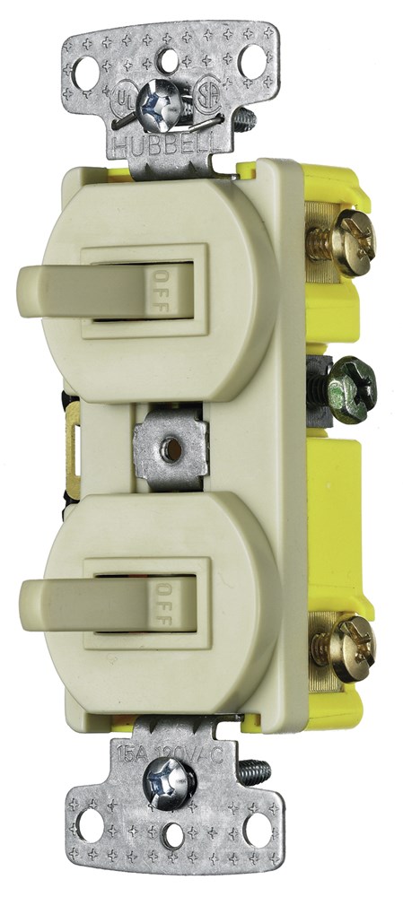 Hubbell Wiring Device Kellems, Switches and Lighting Controls,Combination Devices, Residential Grade, 2) Three Way Toggles, 15A 120VAC, Self Grounding, Side Wired, Ivory