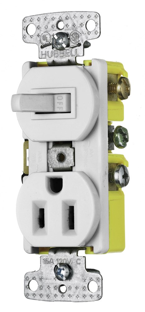 Hubbell Wiring Device Kellems, Switches and Lighting Controls,Combination Devices, Residential Grade , 1) Three Way Toggle, 1) SingleReceptacle, 15A 120V AC, Self Grounding, Side Wired, White